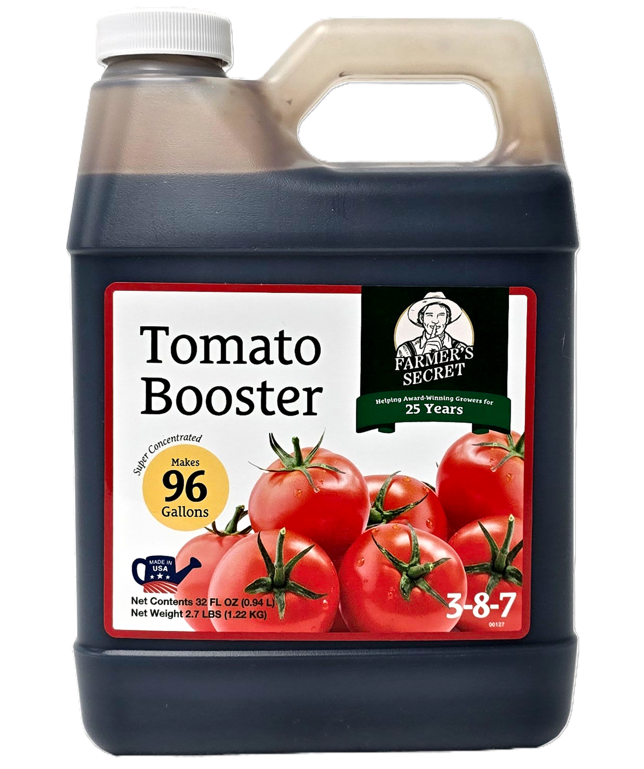 tomato plant starter fertilizer Farmer's Secret Tomato Booster Fertilizer (8oz) - Super Concentrated - 3:8:7 Ratio Fortified with Humic Acid, Iron and Calcium